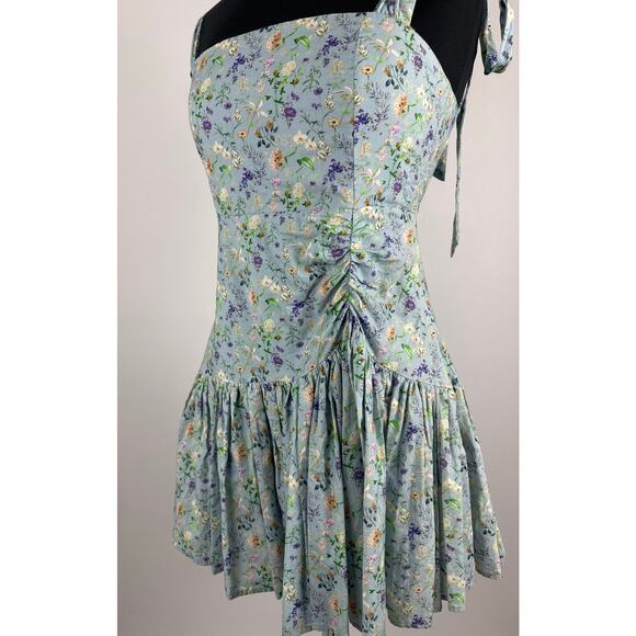 Mable Size Large Floral Drop Waist Mini Dress Ruched Pleated Tie Strap Cottage - Picture 2 of 12